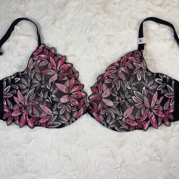 Victoria's Secret Very Sexy Low Cut Demi Black Pink Unlined Applique Bra 36DD - Picture 2 of 7